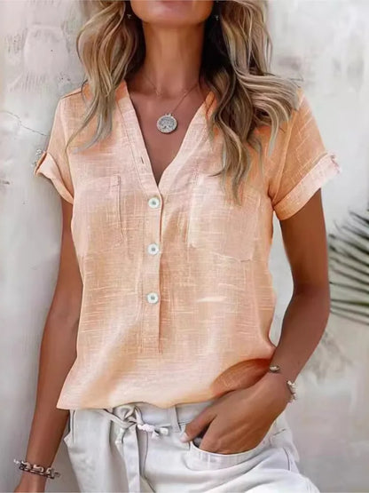Women’s Casual V-Neck Shirt – Solid Short Sleeve Button Pullover Top | Summer Office Fashion Blouse