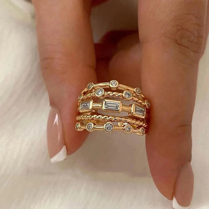 New 18K Gold Plated Sun Ring – Natural Stone Inlaid Hollow Metal Texture Jewelry for Women