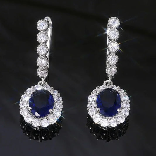 2025 Elegant Women Drop Earrings – Silver Color Inlaid Blue & White Zirconia Classic Wedding Party Jewelry