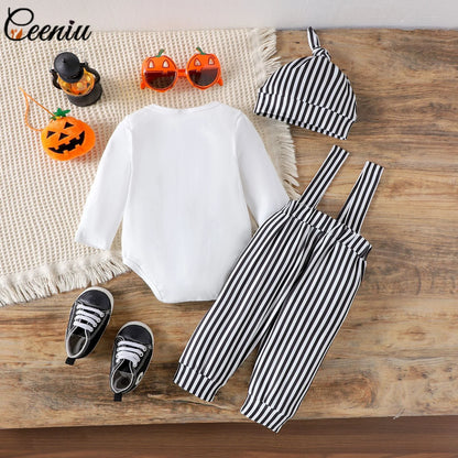 Ceeniu My First Halloween Baby Outfit – Boys Long Sleeve Letter Romper with Suspender Pants & Hat, Newborn Costume