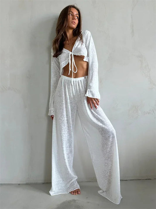 Women’s 2-Piece Fashion Set – V-Neck Lace-Up Long Sleeve Top & High-Waist Trousers | Casual Chic Outfit