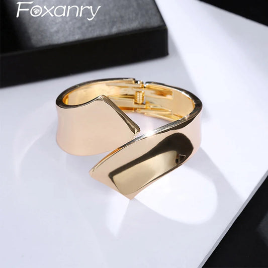 Foxanry Gold Geometric Cuff Bracelet – Minimalist Smooth Bangle for Women & Couples, Elegant Wedding Jewelry