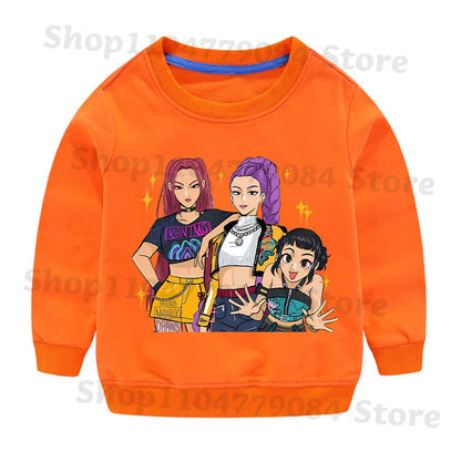 K-pop Demon Hunters Round-Neck Sweatshirt – Cute Anime Cartoon Hoodie for Children, Boys & Girls, Spring & Autumn Sport Fashion