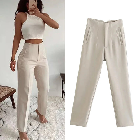 MUJER High-Waist Office Pants – Women’s Formal Pencil Trousers in Black, Pink & White