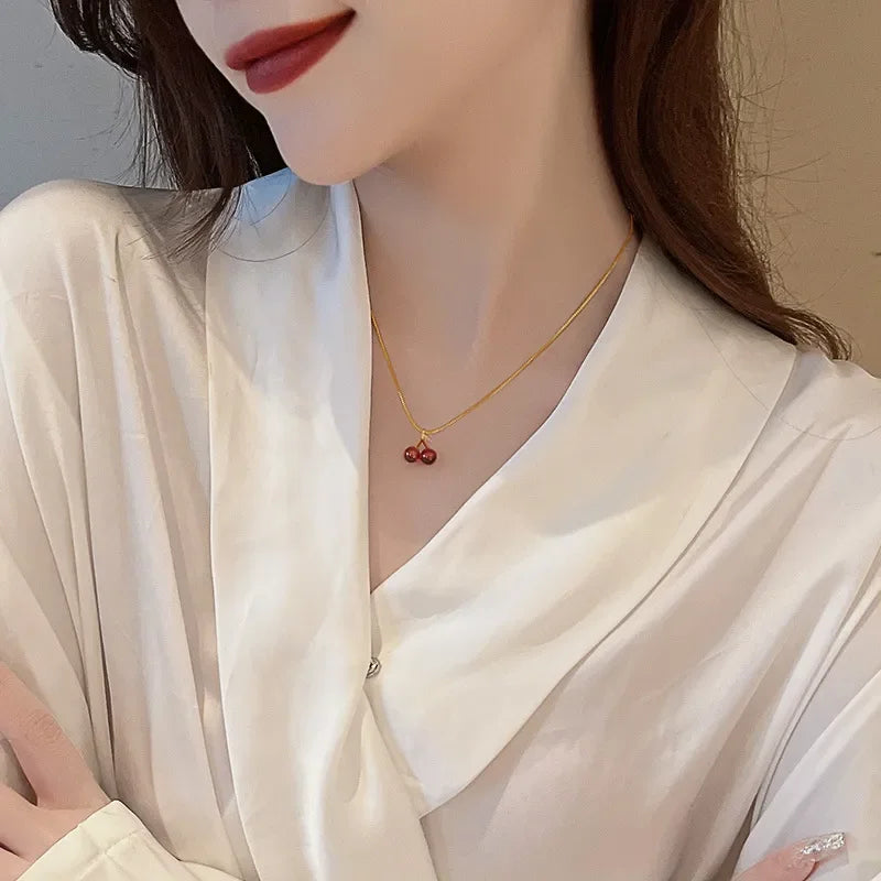 Wine Red Cherry Pendant Necklace for Women Fashion Golden Chain Fruit Jewelry Gift