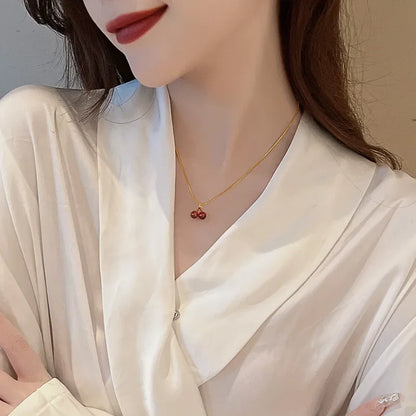 Wine Red Cherry Pendant Necklace for Women Fashion Golden Chain Fruit Jewelry Gift