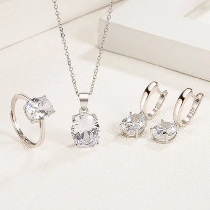 925 Sterling Silver Women’s Jewelry Set – Elegant Ellipse Zircon Ring, Necklace & Earrings