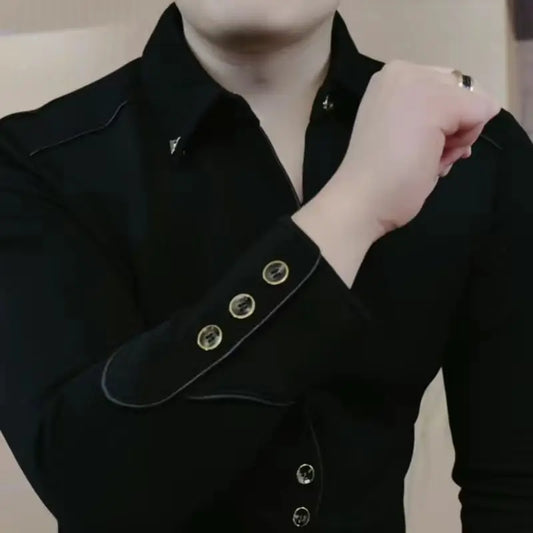 Men’s High-End Slim Fit Lapel Sweatshirt – Autumn Winter Luxury Korean Style Long Sleeve Shirt