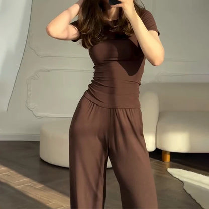 Women’s Casual Two-Piece Pants Set – Short Sleeve O-Neck T-Shirt & Elastic Waist Trousers | Spring Summer Solid Lounge Outfit