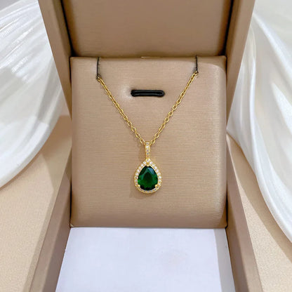 DIEYURO 316L Stainless Steel Green Water Droplet Zircon Pendant Necklace & Earrings Set – Trendy Jewelry Gift for Girls