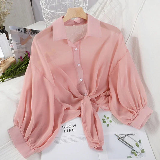 Women’s Elegant White Chiffon Blouse – Loose Fit Tied Waist Hollow Design Bat Sleeve Summer Shirt