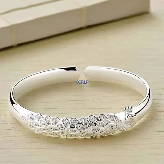 KCRLP 925 Sterling Silver Peacock Bracelet – Elegant Opening Screen Bangle for Women, Wedding & Party Jewelry Gift