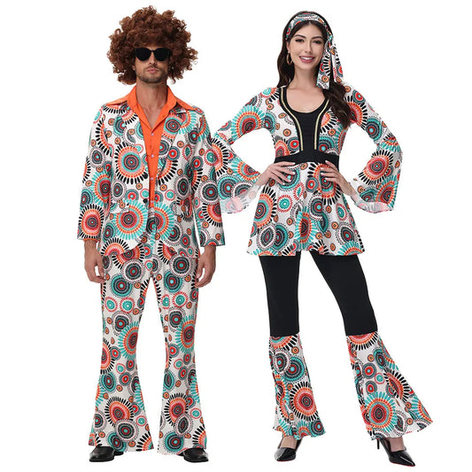 Couples Disco & Hippie Costume Set – 70s/80s Retro Rock Party Outfits for Men and Women, Festival Dance Wearhalloween costume, disco costume, hippie outfit, retro costume