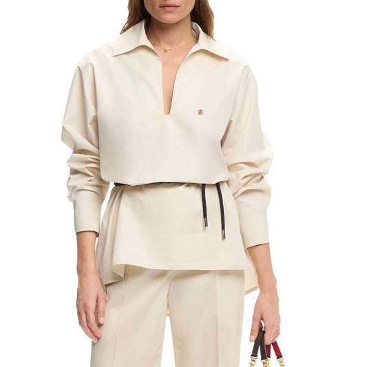 Women’s Elegant Embroidered Shirt – V-Neck Long Sleeve Casual Top with Belt Decoration | Fashion Office Wear