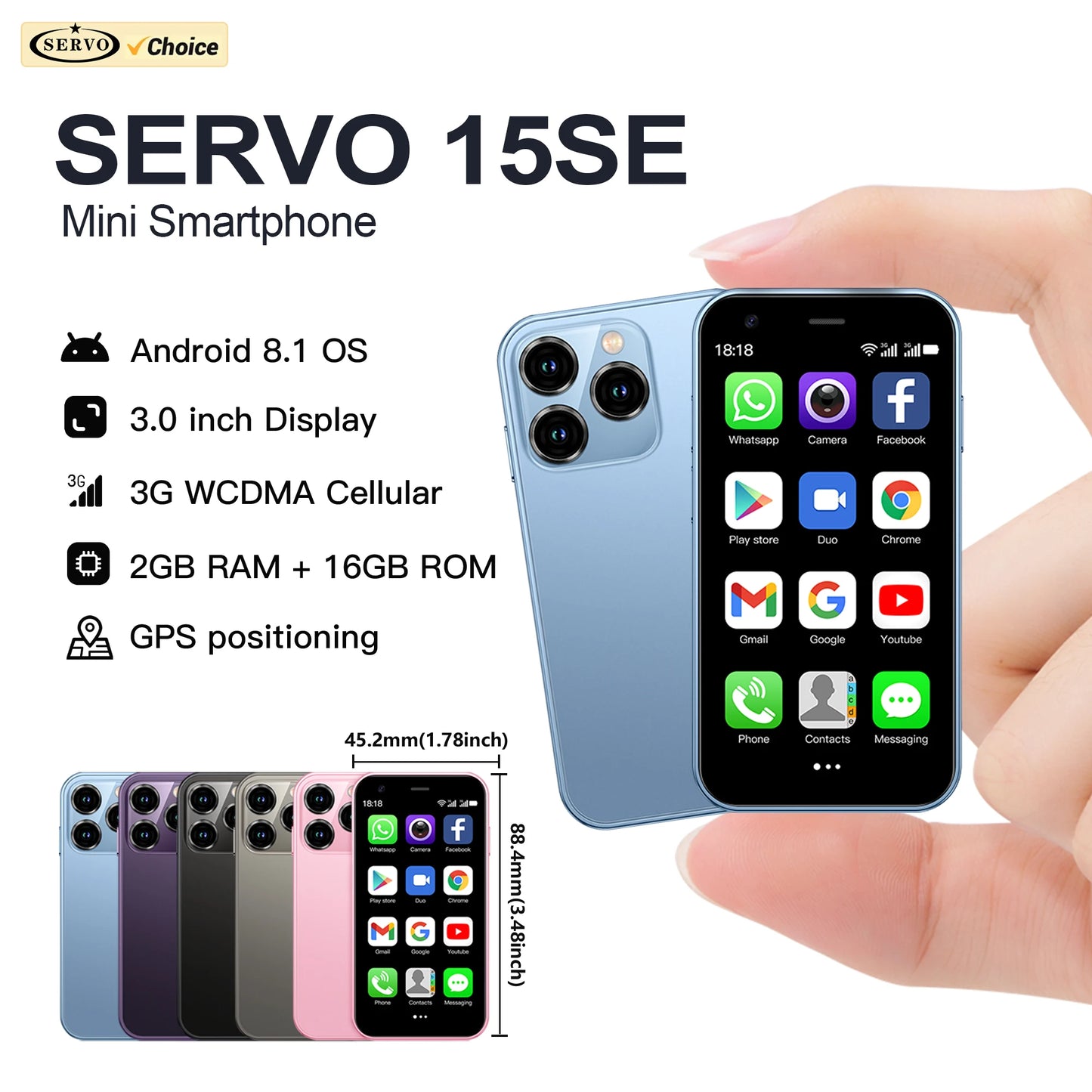 SERVO 15SE Mini Smartphone 3.0" Android 3G Dual SIM 2GB+16GB WiFi WhatsApp Small Smart Phone