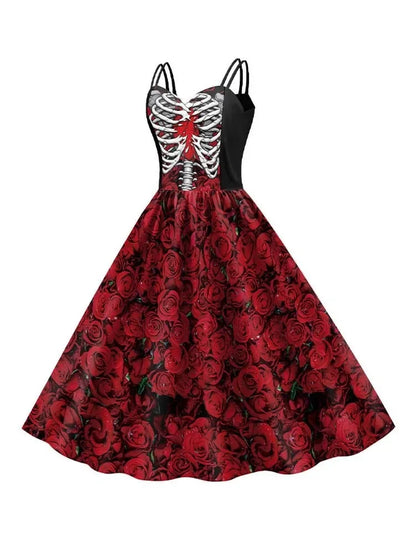 2025 Halloween Women’s Skull Print Halter Dress – Sleeveless Tunic Vintage Party Dress, Gothic Masquerade Vestido