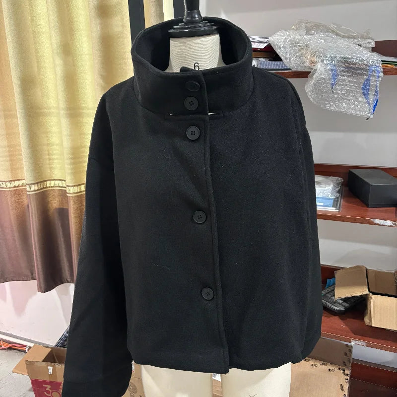 Women’s Wool Blend High Collar Jacket – Vintage Casual Autumn Winter Coat