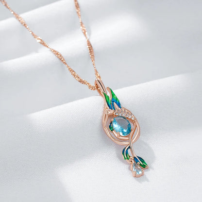 Kinel Colorful Enamel Peacock Pendant Necklace – 585 Rose Gold Color with Blue Zircon, Elegant Daily Jewelry for Women