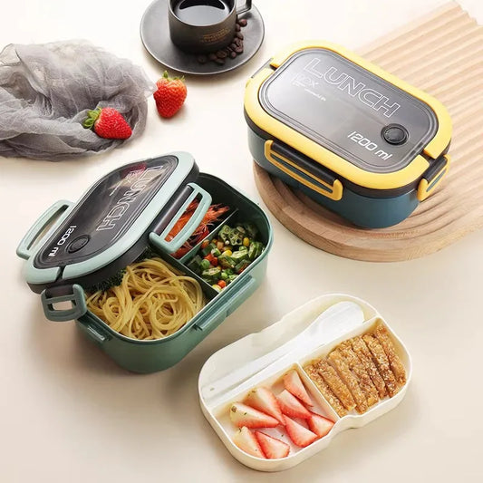 Bento Lunch Box - Double Layer with Fork & Spoon | Microwave Safe Meal Prep Container