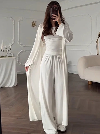 Women’s 3-Piece Casual Suit Set – Long Cardigan + O-Neck Slim Top + Wide Leg Pants | 2025 Summer Autumn Fashion Outfit