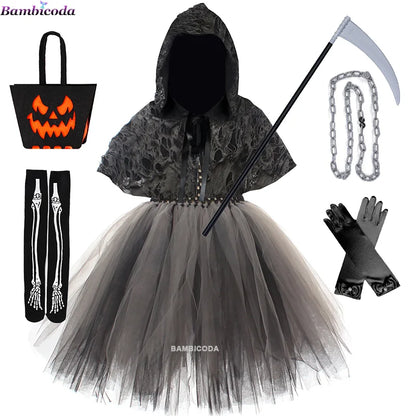 2025 Halloween Girls Demon & Death Costume – Medieval Hooded Cloak for Horror Cosplay and Party Fancy DressHalloween, Girls Costume, Demon Costume, Death Costume, Horror Costume