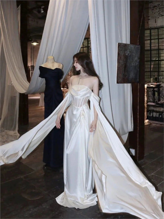 2025 Adult Ceremony Dress – Light Luxury White Satin Tube Top Gown for Toast & Special Occasions