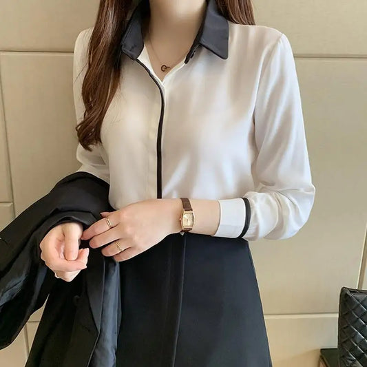 Western Style White Chiffon Shirt – Casual Loose Professional Top for Women, Spring & Autumn Fashion