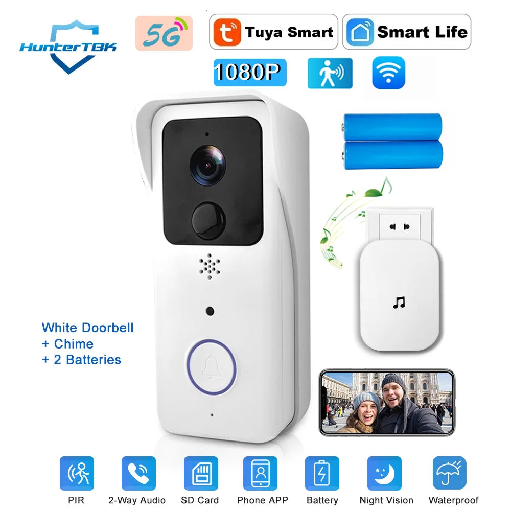Smart WiFi Video Doorbell 1080P – 5G/2.4G Tuya Wireless Door Camera, Outdoor Waterproof Intercom with Motion Alert & Chime