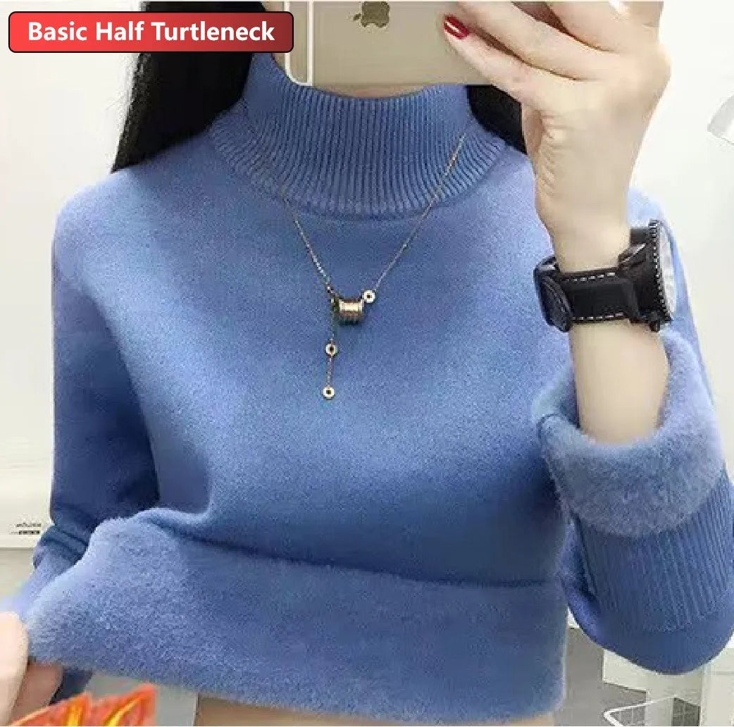 Women’s Turtleneck Knitted Sweater – Elegant Thick Velvet-Lined Warm Winter Pullover