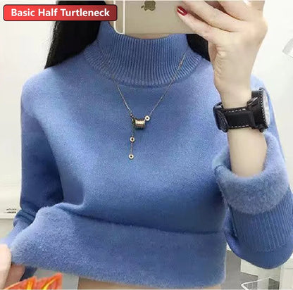 Women’s Turtleneck Knitted Sweater – Elegant Thick Velvet-Lined Warm Winter Pullover
