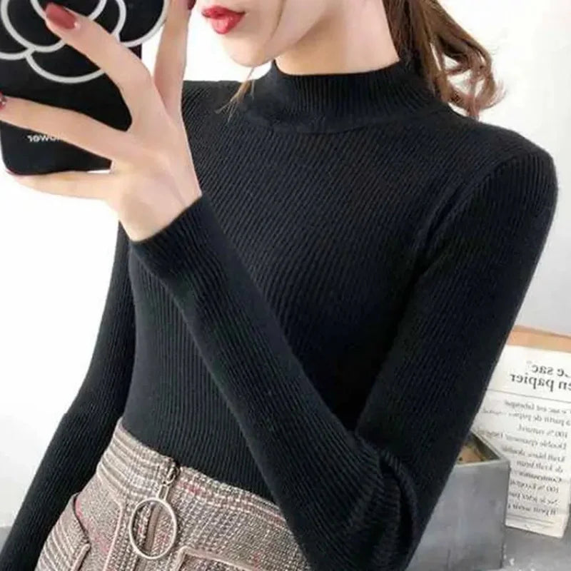 Autumn Winter Women’s Mock Neck Slim Knit Sweater