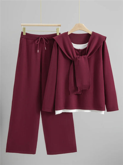 Women’s Casual Knitted 2-Piece Set – Korean Knitwear Sweater + Shawl + High Waist Pants | 2025 Fashion Outfit