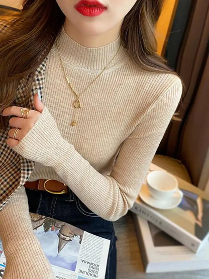Autumn Winter Women’s Mock Neck Slim Knit Sweater