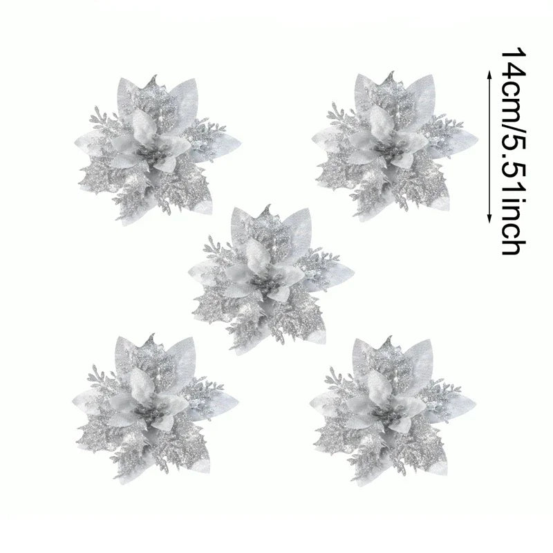 Christmas Glitter Artificial Flowers Christmas Tree Hanging Ornaments Fake Flower for Home 2025 Xmas New Year 2026 Navidad Gift