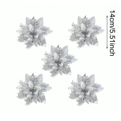 Christmas Glitter Artificial Flowers Christmas Tree Hanging Ornaments Fake Flower for Home 2025 Xmas New Year 2026 Navidad Gift