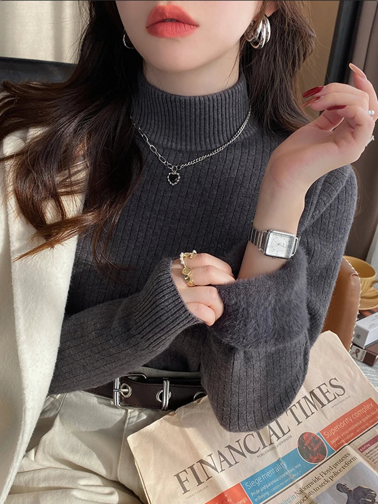 Women’s Thermal Turtleneck Sweater – 2025 Retro Thick Velvet-Lined Knitted Pullover