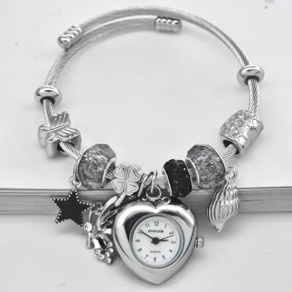 Women’s Love Bracelet Quartz Watch – Stylish Round Silver Casual Fashion Jewelry Gift