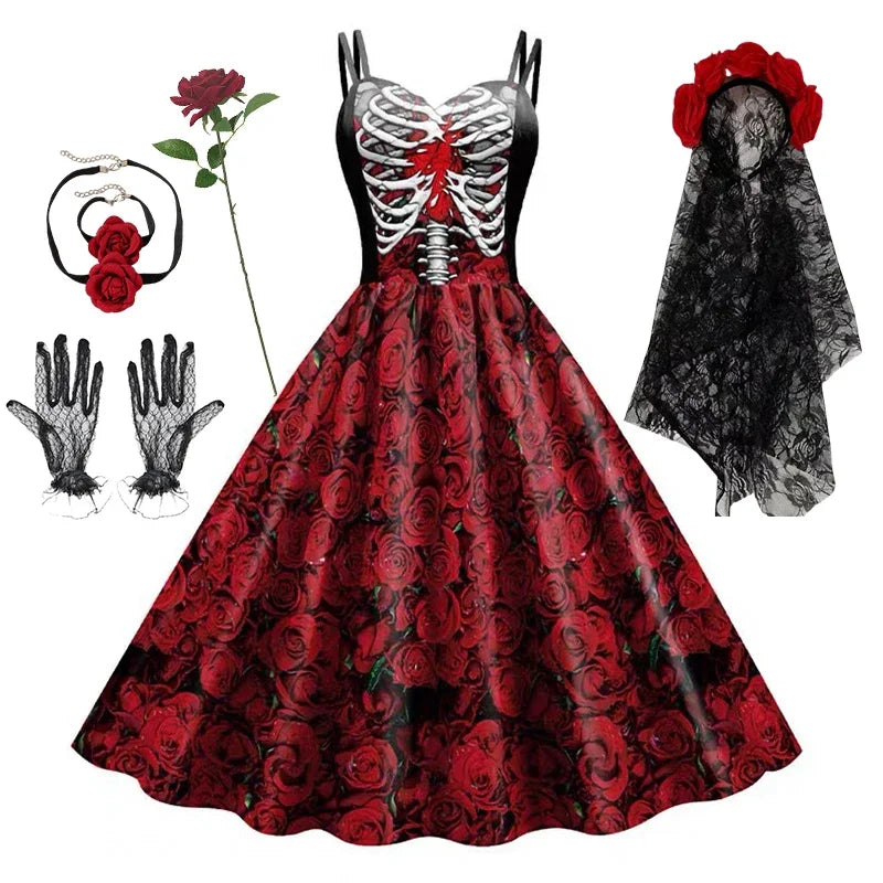 2025 Halloween Women’s Skull Print Halter Dress – Sleeveless Tunic Vintage Party Dress, Gothic Masquerade Vestido