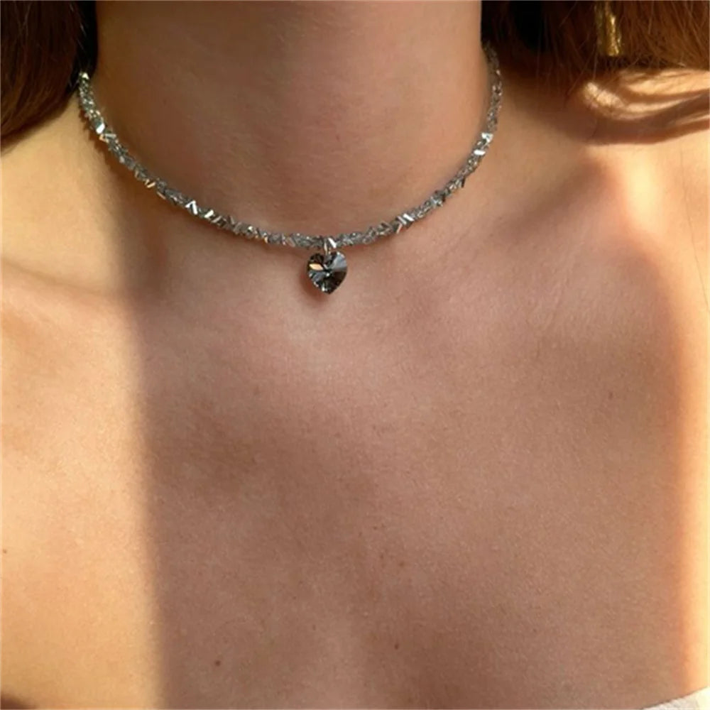 Vintage Zircon Heart Pendant Necklace for Women Boho Crystal Chain Jewelry