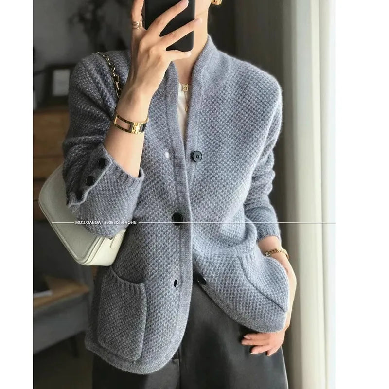 Women’s 100% Cashmere Wool Cardigan – Thick Loose Knit Stand Neck Sweater