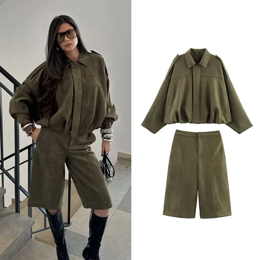 Women’s High-Waisted Casual Shorts & Long Sleeve Jacket Set – Fashion Two-Piece Outfit for Spring & Autumn