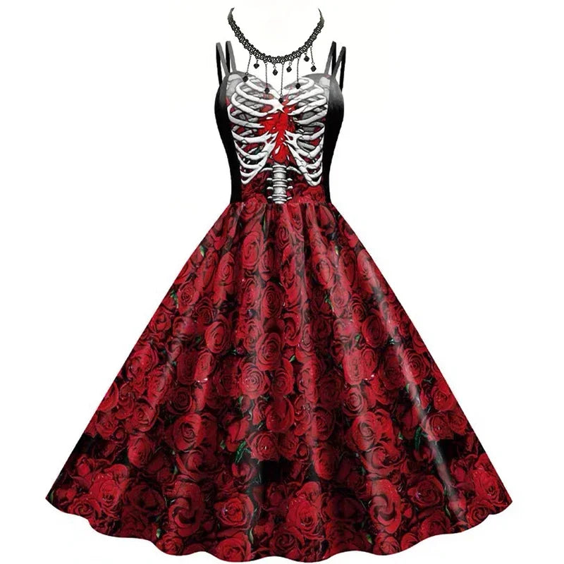 2025 Halloween Women’s Skull Print Halter Dress – Sleeveless Tunic Vintage Party Dress, Gothic Masquerade Vestido
