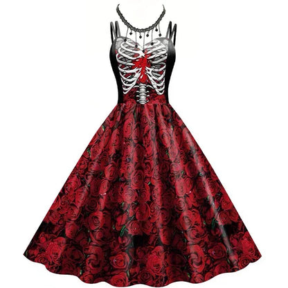 2025 Halloween Women’s Skull Print Halter Dress – Sleeveless Tunic Vintage Party Dress, Gothic Masquerade Vestido