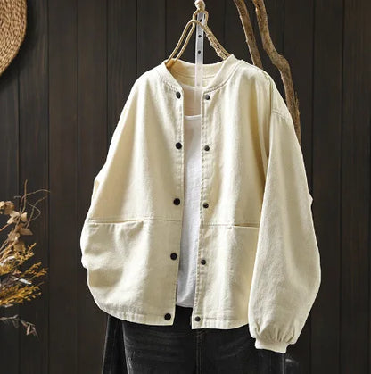 Women’s Casual Cotton Coat – 2025 Autumn Solid Color Loose Short Jacket with Double Pockets | Simple Everyday Style (T647)