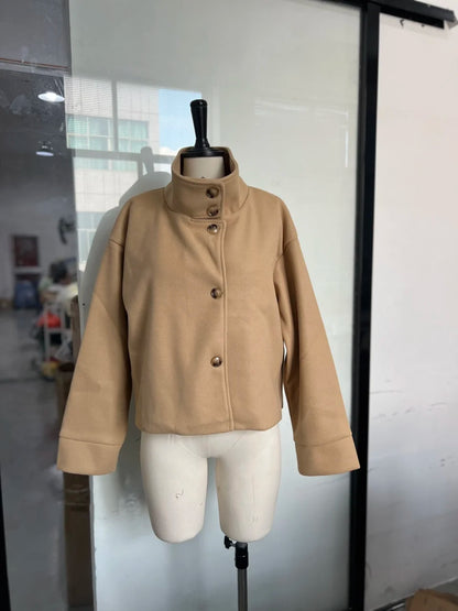 Women’s Wool Blend High Collar Jacket – Vintage Casual Autumn Winter Coat