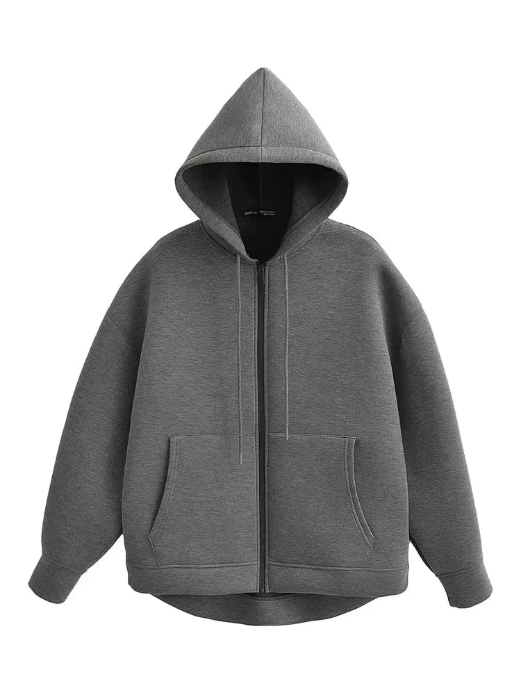 Women’s Oversized Zipper Hoodie – HH Winter High Street Loose Sweatshirt Coat with Double Pockets