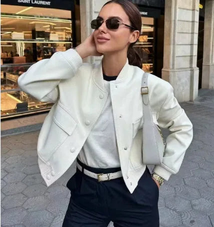 Women’s Cropped Bomber Jacket – MUJER 2025 White Button Long-Sleeve Autumn/Winter Coat