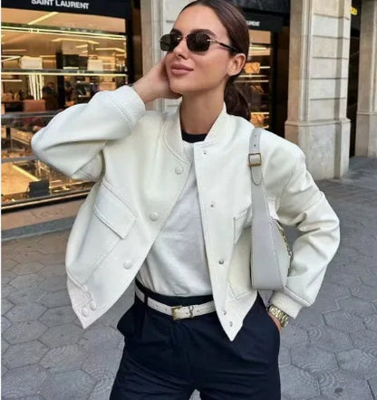Women’s Cropped Bomber Jacket – MUJER 2025 White Button Long-Sleeve Autumn/Winter Coat
