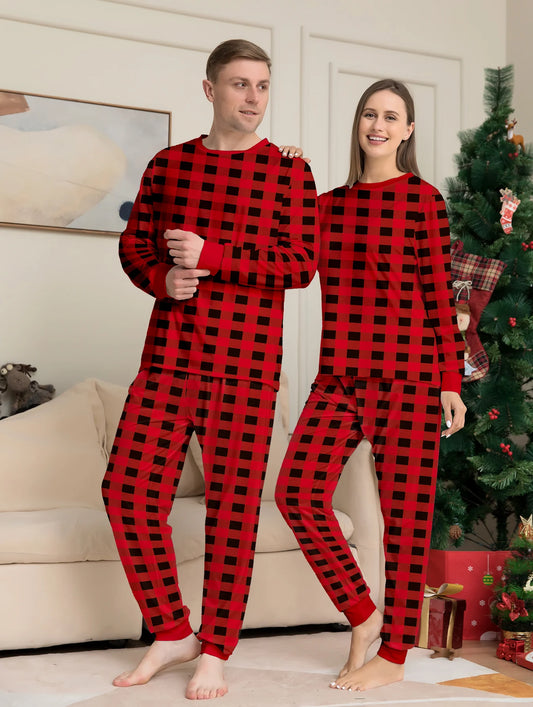 Couple Matching Christmas Pajamas Set – Long Sleeve Red & Black Buffalo Plaid Sleepwear