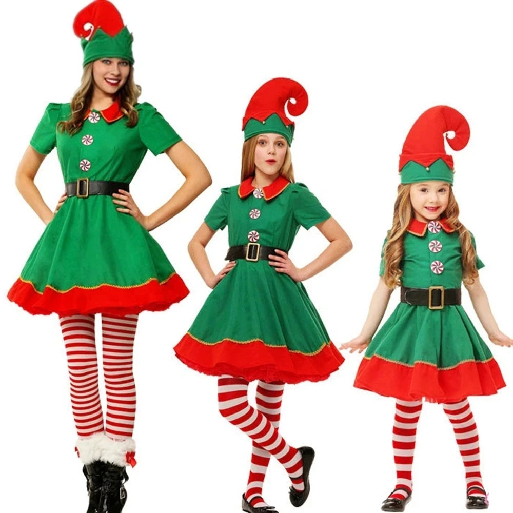 2025 New Christmas Children's and Adult Christmas Elf Costumes, Santa Claus Green Elf Costumes, Cosplay Halloween Costume Set